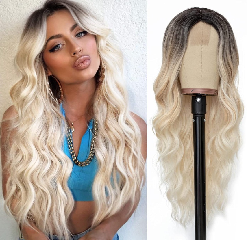 European and American Style Long Curly Wig: Gradually Changing Color, Chemical Fiber Wig with Front Lace Design and Headband for Women’s Fashion