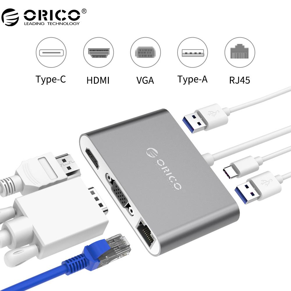 Aluminum Type-C to VGA/HDMI/RJ45/Type-C/Type-A Converter USB3.1 Gen1 with 2 USB3.0 Ports for Mac(RCNB) by ORICO