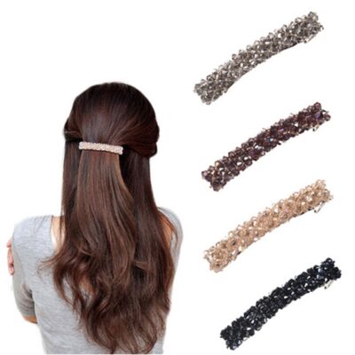 Korean Style Retro Crystal Beaded Hair Clip Simple Wild One Word Clip Female Side Clip Spring Clip Korean Hair Accessories