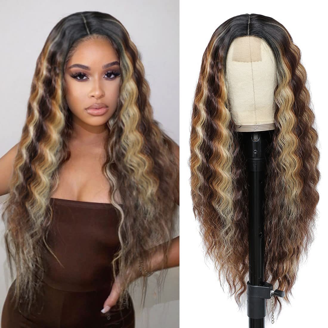 Radiant Allure: European & American Women’s Wig – Small Lace Center, Deep Wave Long Curly Wig with Chic Headband – Unveil Your Elegance with Lace Wigs