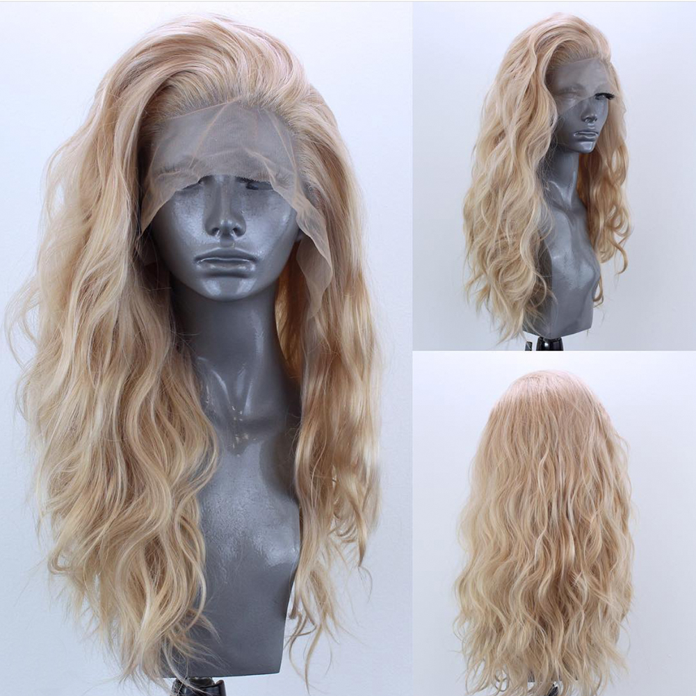Linen Color Synthetic Fiber Front Lace Wig Head Cover Natural Hairline Ladies Wig (13*2.5 )