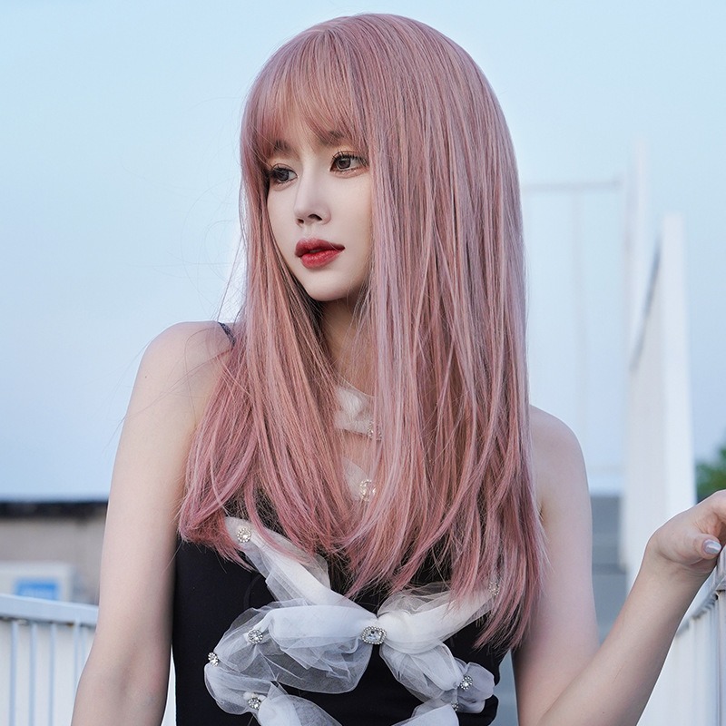 Female Long Hair Wig Full Head Set Type Long Straight Hair Air Bangs Pink Wig Set