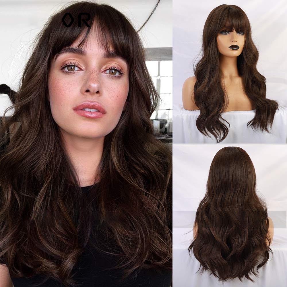 Sultry Black Brown Bangs Long Curly Hair: Natural Full Head Set – High-Quality Chemical Fiber Wig for a Gorgeous Female Look