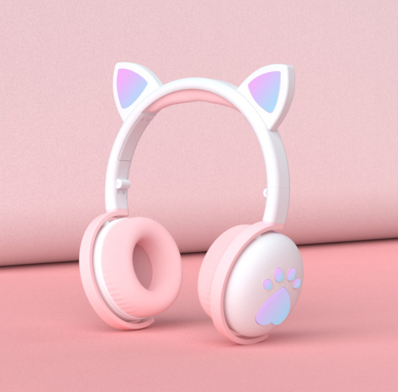 Bluetooth Headphones glowing cute LED Cat Ear Paw Girls Gift Kids Headset Wireless HIFI Stereo Bass 3.5mm Plug With Mic by AIKSWE
