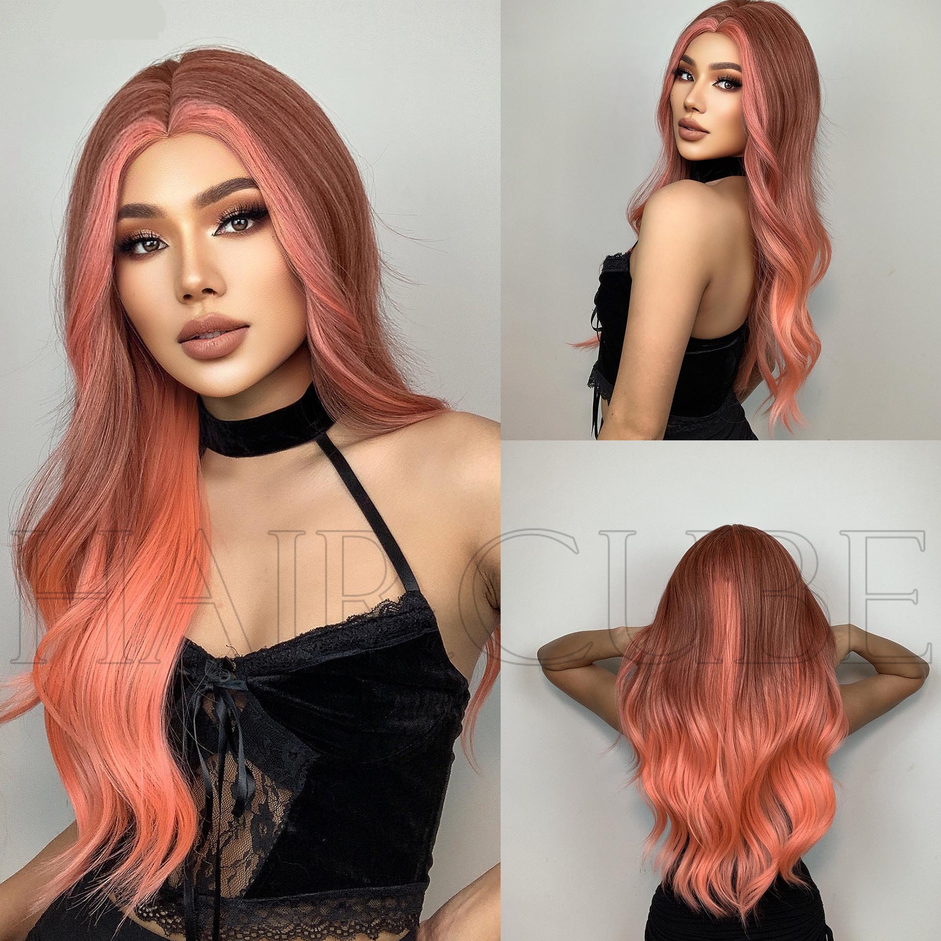 Long Curly Hair Women’s Wig Set In The Middle Part Orange Pink (24inch)