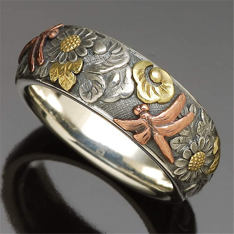 Personality Vintage Glyph Ring Flower Dragonfly Animal Men and Women Rings