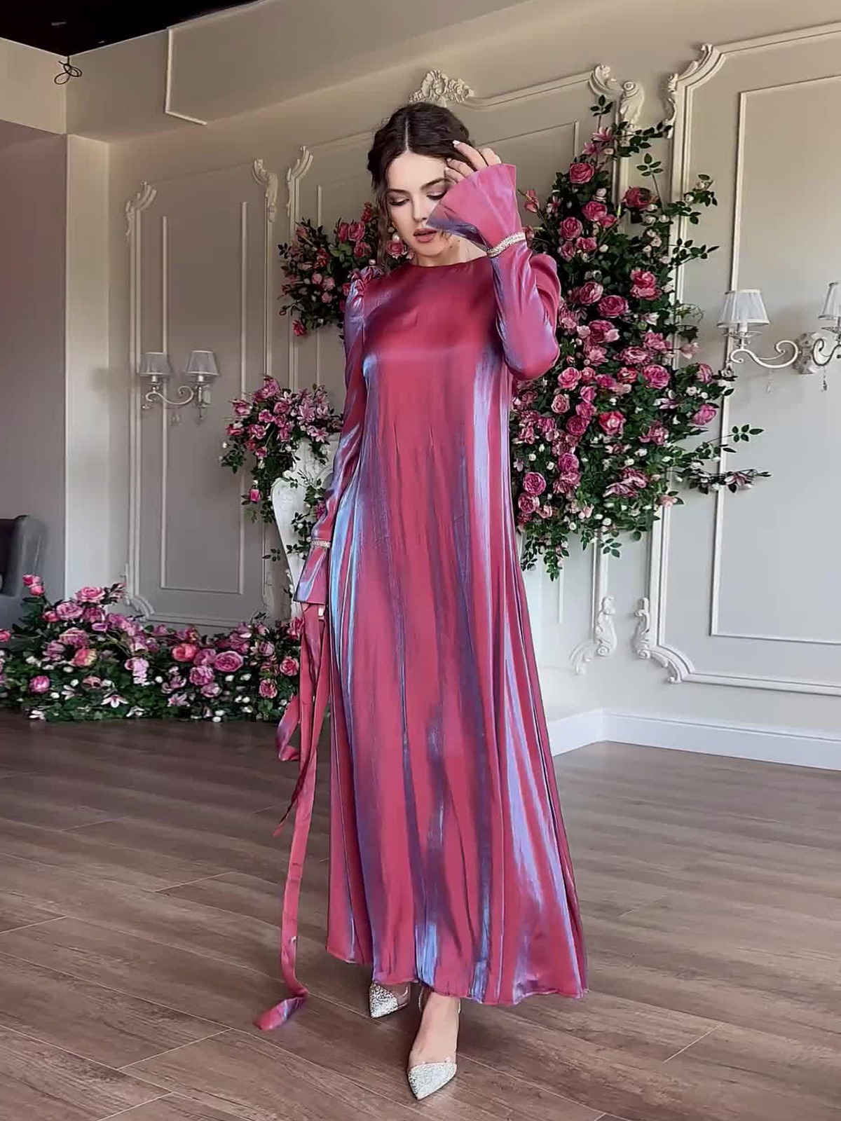 New Quiet Color Sparkling Glass Satin Middle East Saudi Arabia Dubai Elegant Flare Dress