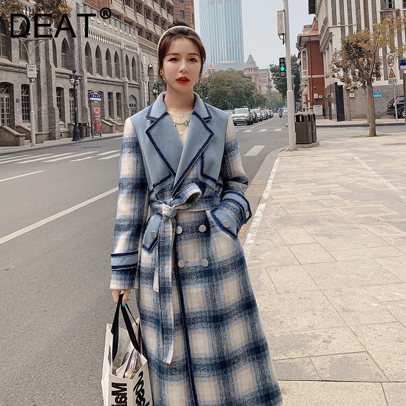 Woman Woolen Coat Blue Plaid Color Block With Sashes