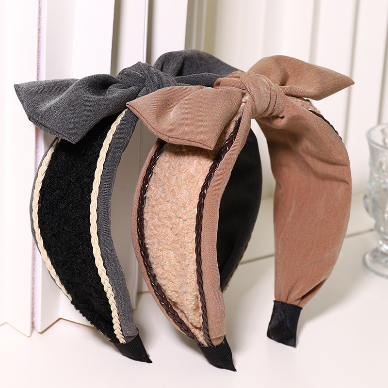 Autumn And Winter New Hair Hoop Fashion Woolen Cloth Headwear Hair Clip Wide Bow Knot Female Headband F724