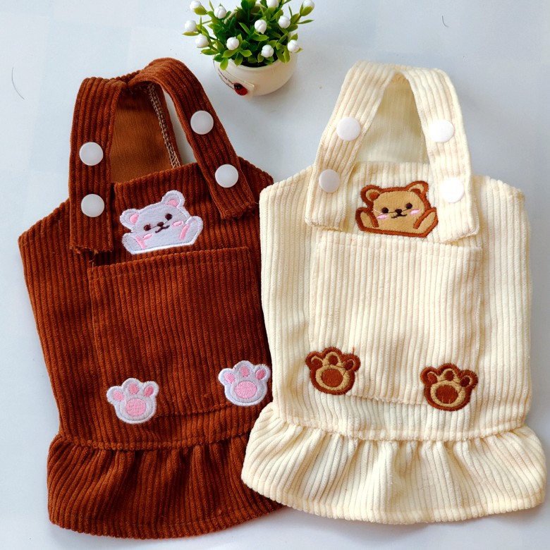 Pet Spring and Autumn Bears Embroidery Corduroy Strap Dress Cat Dog Clothes Teddy Korean Bibear Pomeranian VIP