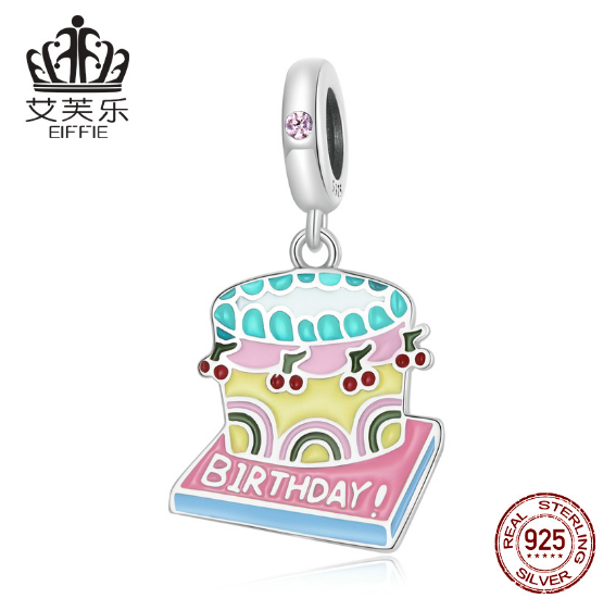 Sterling Silver S925 Cherry Cream Cake Pendant Bracelet Colorful Dripping Oil Fruit Food Pendant Accessories