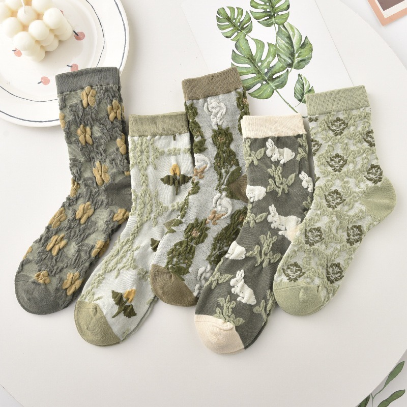 5 Pairs Of Vintage Socks Children’s Medium Tube Pure Cotton Fashionable Socks Ethnic Pattern Long Tube Female Socks Spring And Autumn Cotton Socks