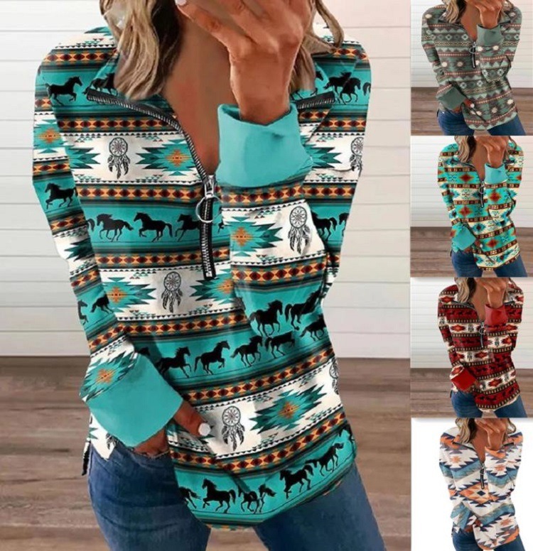 New European and American Womens Western Style Zipper Sweater