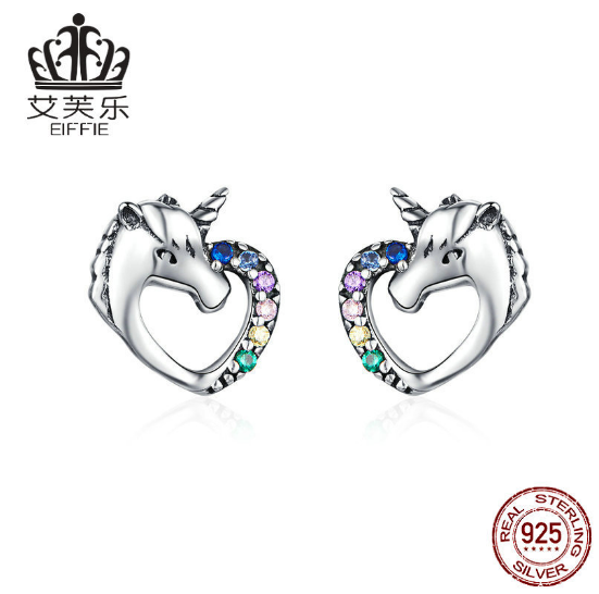 EIFFIE S925 Sterling Silver Stud Earrings Unicorn Fashion Silver Earrings Colored Zircon Silver Stud Earrings