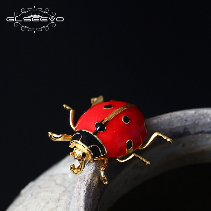 GLSEEVO 925 Sterling Silver Ladybug Brooch For Women Girls Daughter Gifts Cute Insectos Brooches Badge Handmade Jewellery