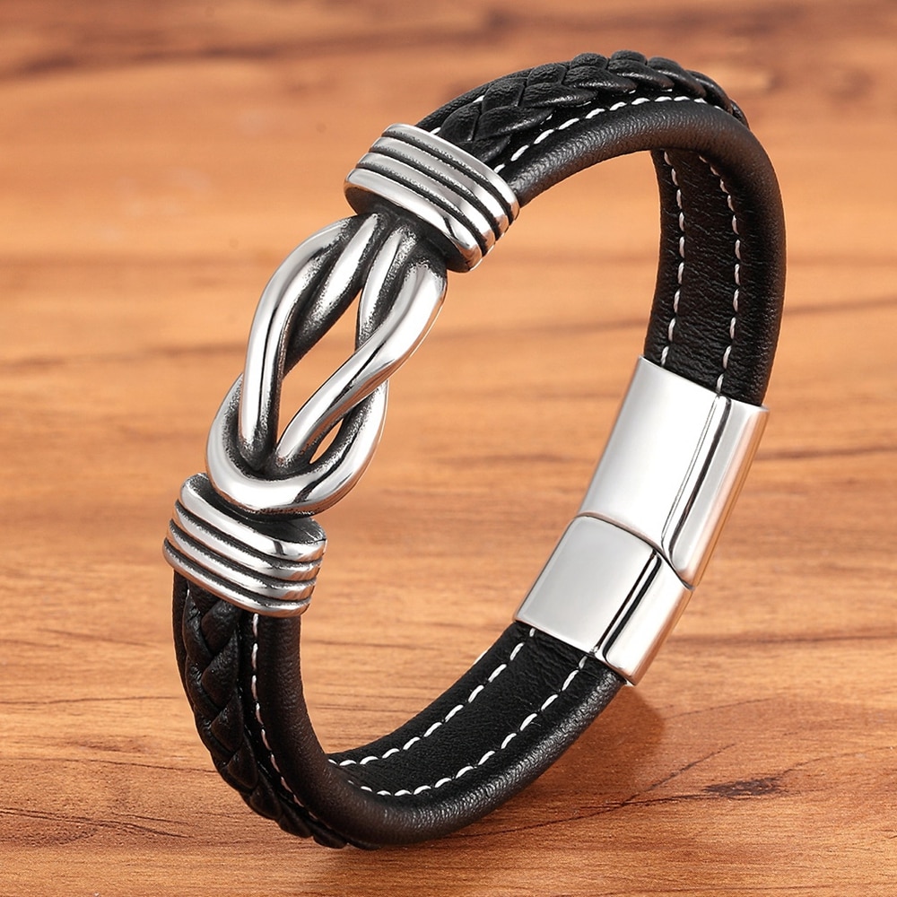 Fashion Deluxe Irregular Graphic Accessories Men’s Leather Bracelet Stainless Steel Combination for Birthday Commemorative Gifts