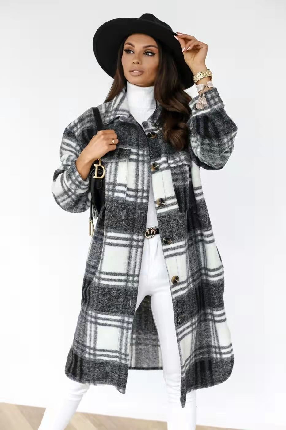 New Women’s Checkered Brushed  Woolen Coat
