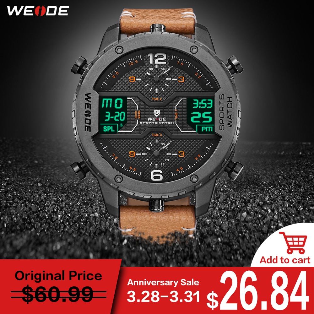 WEIDE men’s Sports watch Analog Hands Digital Calendar Quartz Brown Leather Strap Wrist watches