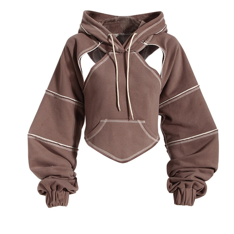 Brown Back Bow Irregular Cut-out Sweatshirt New Hooded