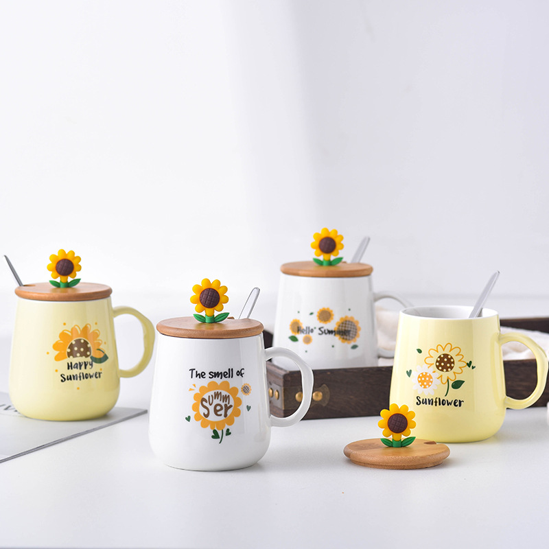 Creative Ceramic Cup With Lid Cartoon Sunflower Breakfast Mug Coffee Milk Student Adult Cup