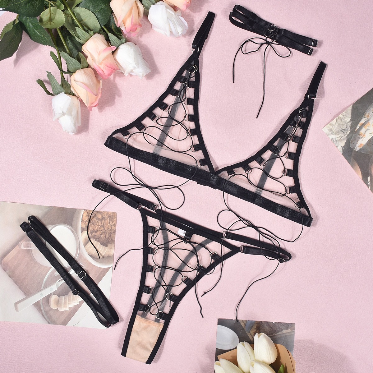 New sexy lingerie mesh see through complex lacing uniform four piece set