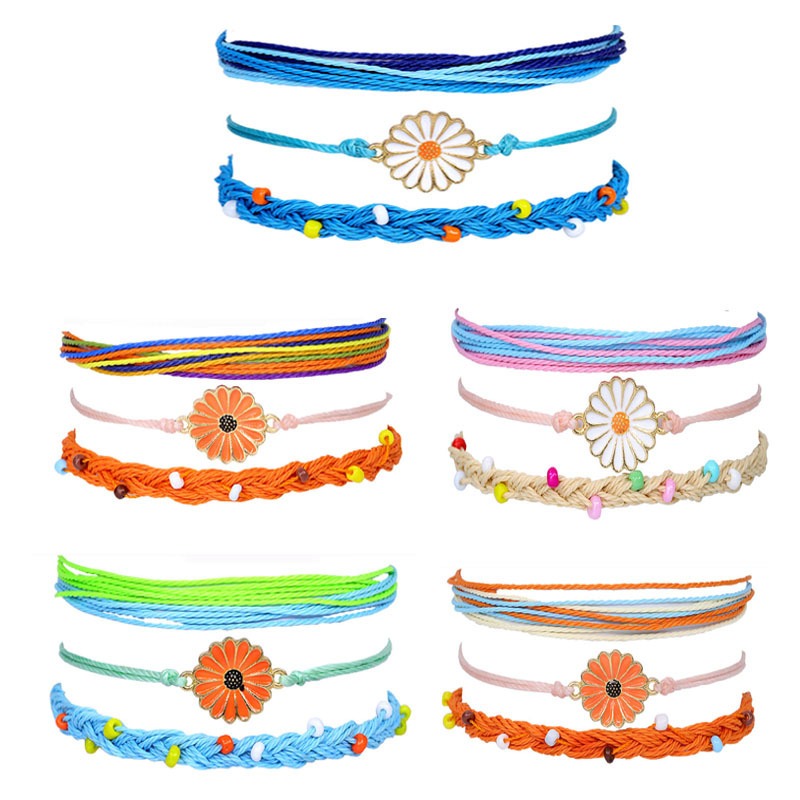 New Bohemian Style Waterproof Wax Wire Hand Woven Bracelet Alloy Chrysanthemum Beads Bracelet Set
