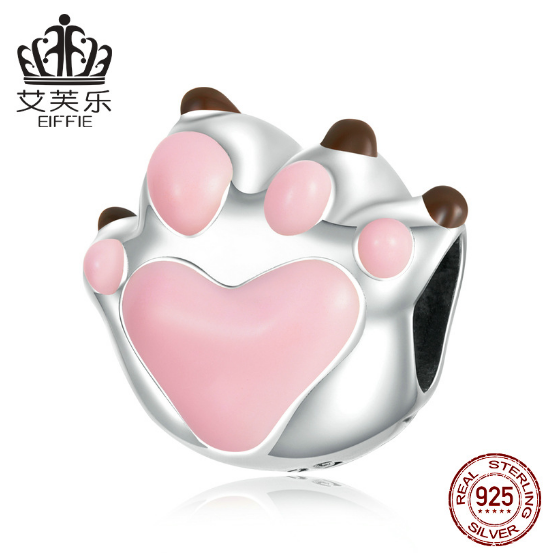 Avelle Sterling Silver S925 Love Cute Paw Beaded Bracelet Pink Dripping Oil Cute Animal Cat Dog Paw Beads