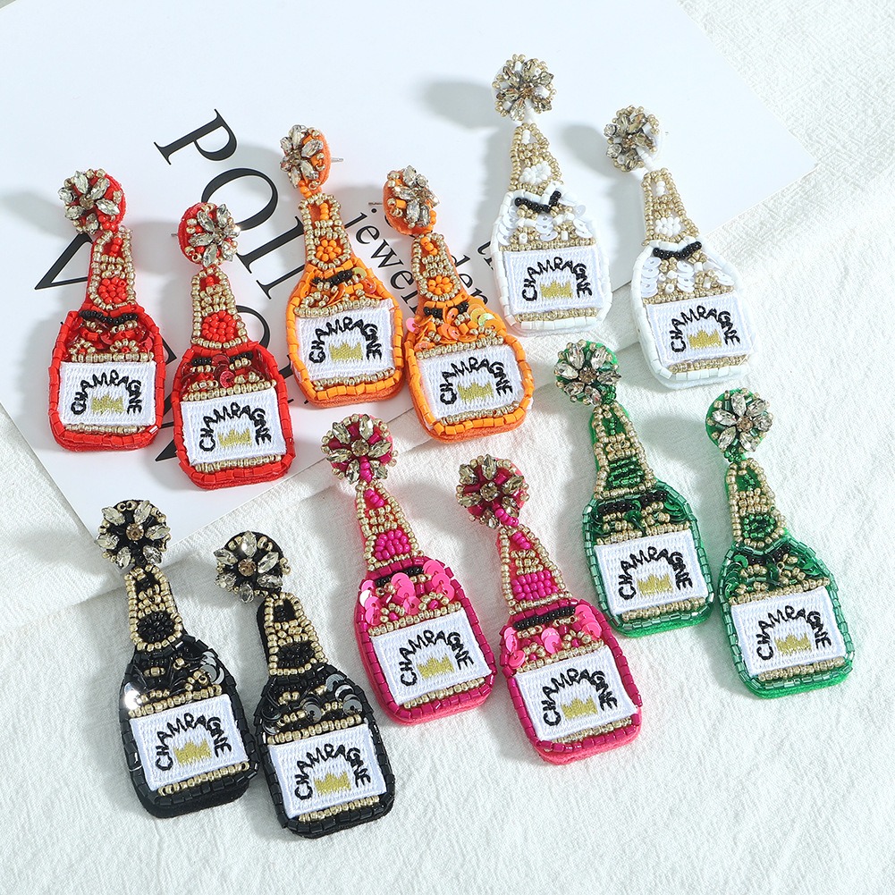 Popular earrings fashion personalized wine bottle earrings DIY handmade rice beads embroidery earrings