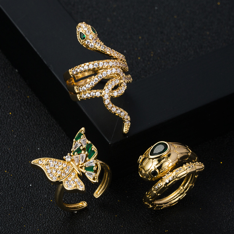 New Copper Gold Plated Micro-Set Zircon Butterfly Snake Ring Women’s Trend All-Match Open Ring Accessories