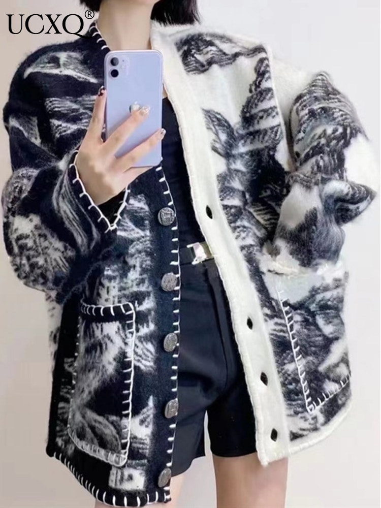 UCXQ Winter Knitted Cardigan Vintage Tie Dye Loose V-neck Tops Autumn  New Leisure Long Sleeve Women Sweater Tide 10AB3511