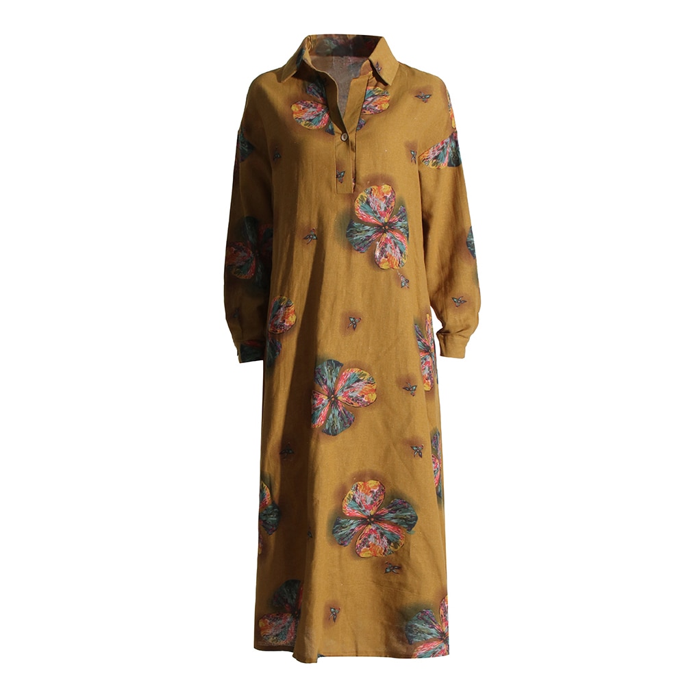 Casual Printing Dresses For Women Lapel Long Sleeve