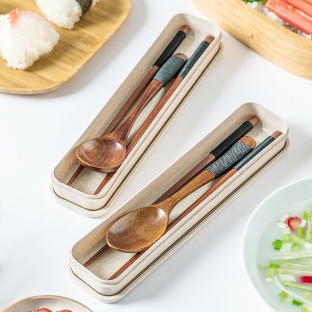 Portable Boxed Wooden Spoon Chopsticks, Natural and Environmentally Friendly Carved Tableware, Chopsticks and Spoon Set