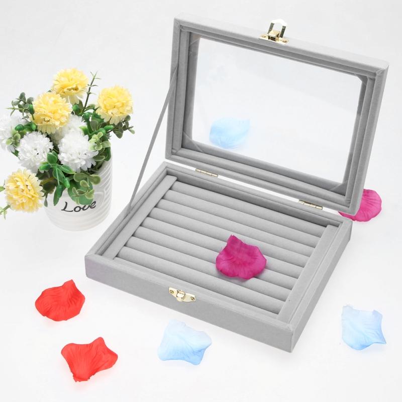 8 Booths Velvet Glass Cover Jewelry Ring Display Box