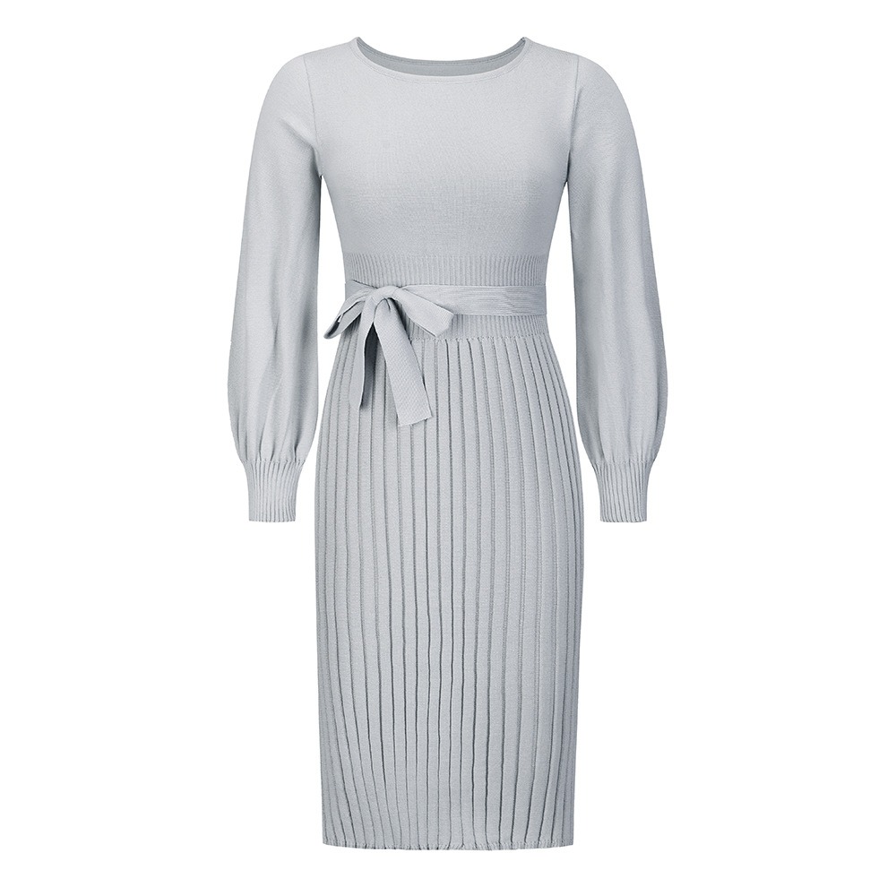 Women’s new autumn and winter knitted dress with slim fit and pleats, medium length base sweater skirt