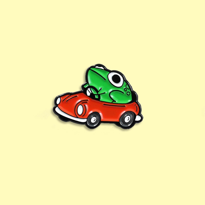 Frog Driver Enamel Pin Small Red Car Brooch Backpack Clothes Lapel Funny Animal Frog Jewelry Gift for Friends Children