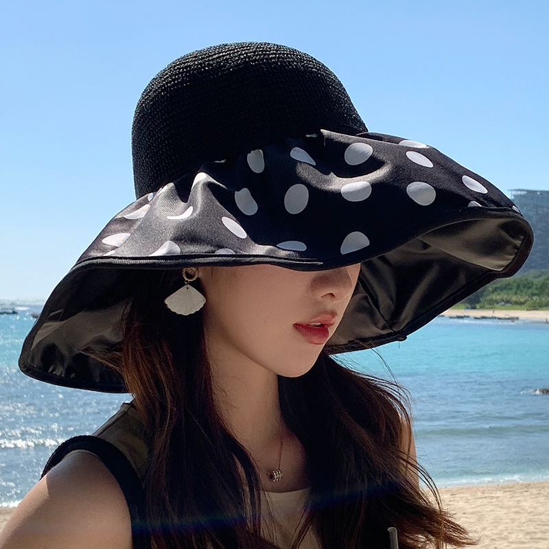 New Sun Hat Bow Polka Dot Big Brim Stitching Sun Hat Black Glue Coating Anti-Ultraviolet