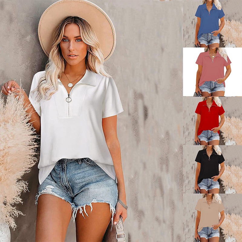 Spring And Summer New Women’s Thread Zipper Loose Solid Color Shirt