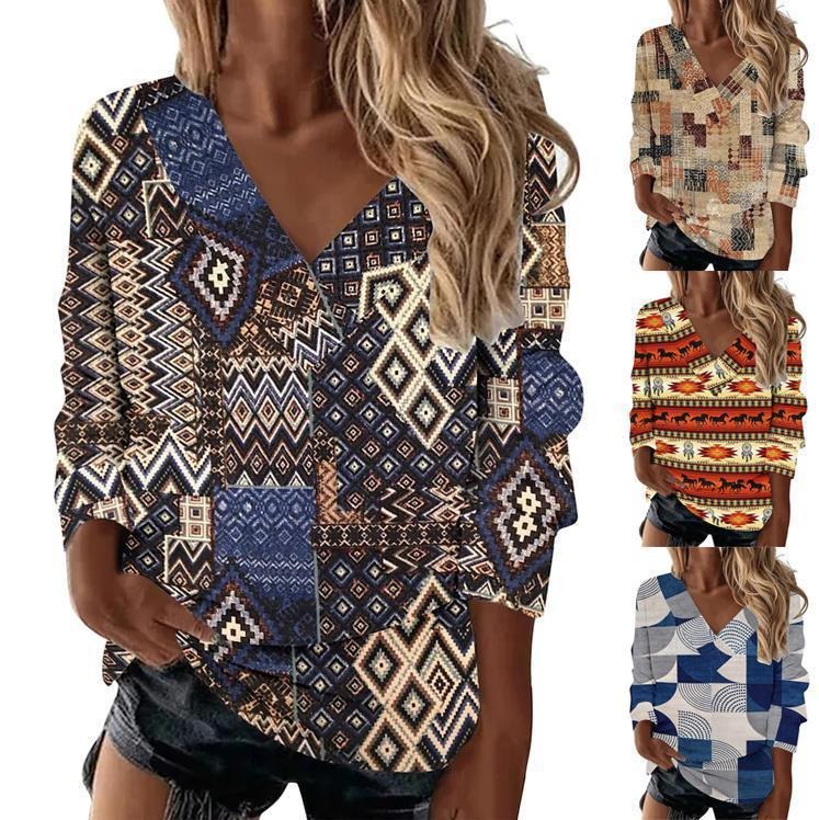 European and American Womens Retro Geometric Printing Ethnic Style V Neck Long Sleeved Loose T Shirt Top For Women