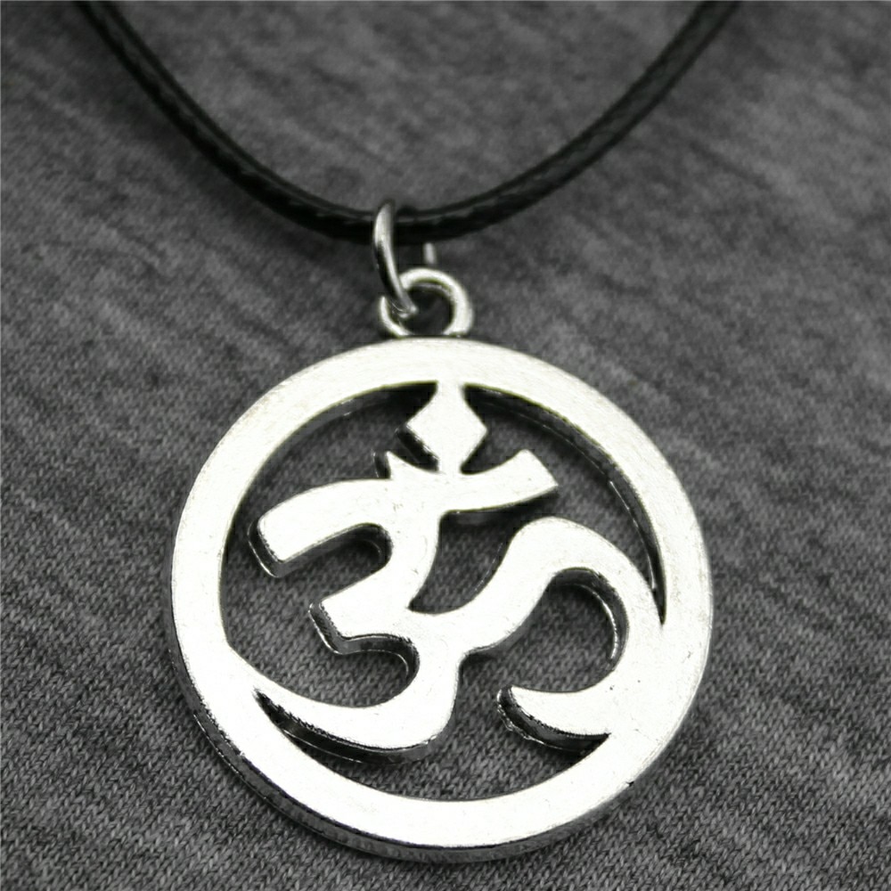 2 Colors Antique Bronze, Antique Silver Color OM Pendant Leather Chain Necklace