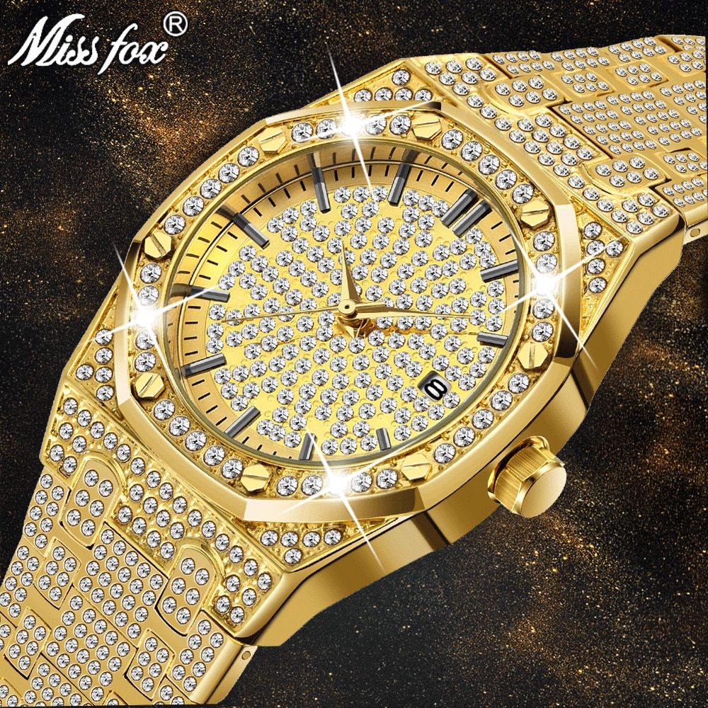 Missfox V294 18K Gold Watch Men Luxury Brand Diamond Mens Watches Top Brand Luxury FF Iced Out Male Quartz Watch Calender Unique Gift For Men