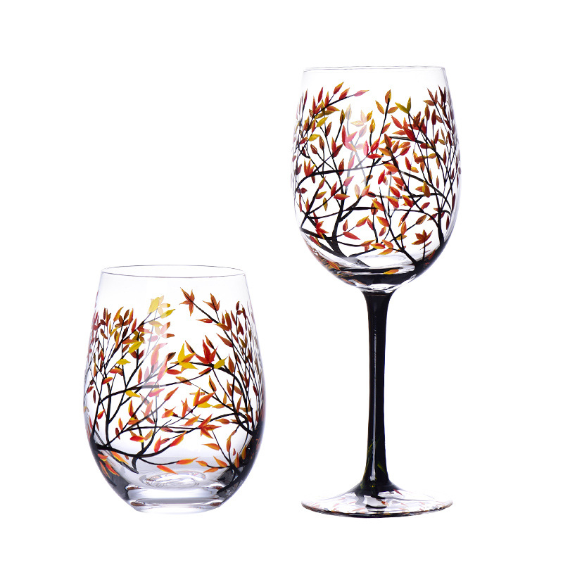 Light luxury ins crystal glass wine glass hand-painted household goblet four seasons painted wine glass