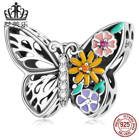 Avelle S925 Sterling Silver Flower Butterfly Beaded Bracelet Color Drop Oil Zircon Hollow Insect Bead Accessories