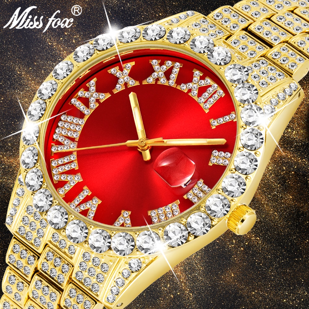 MISSFOX  2643Re Men’s Watches Modern Diamond Waterproof Red Watch Men Top Brand Luxury 18k Gold Man Watch Analog Quartz Watch Men