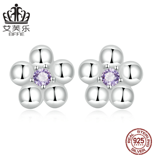 EIFFIE Sterling Silver S925 Mini Small Flower Stud Earrings Platinum Plated Purple Zircon Fashion Exquisite Flower Earrings