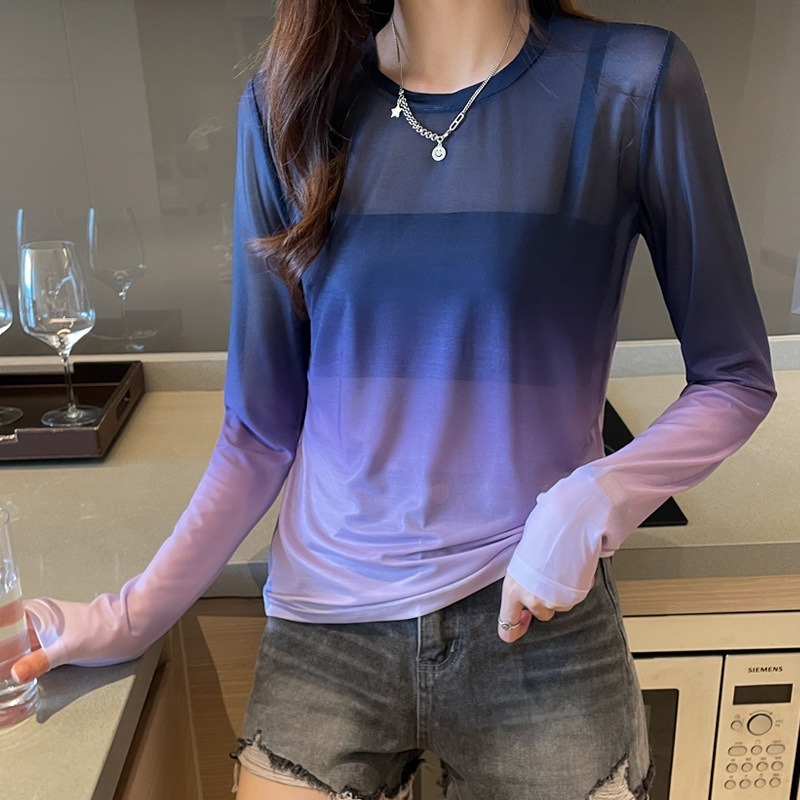 Early Autumn New Gradient Color Loose Long-Sleeved T-Shirt Hollow Inside The Top Of The Female Mesh Bottoming Shirt