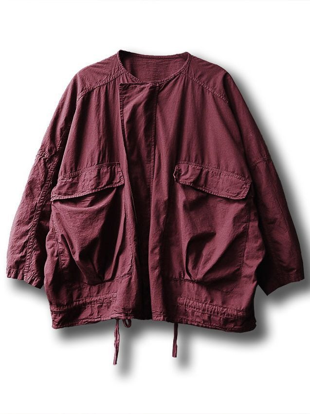 Artistic large pocket drawstring lace up short windbreaker High density cotton casual short jacket