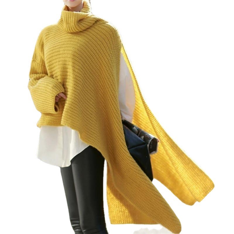 Women’s Scarf Loose Turleneck Asymmetric Single Full Bat Sleeve Solid Color Coarse Wool Knit Shawl Autumn