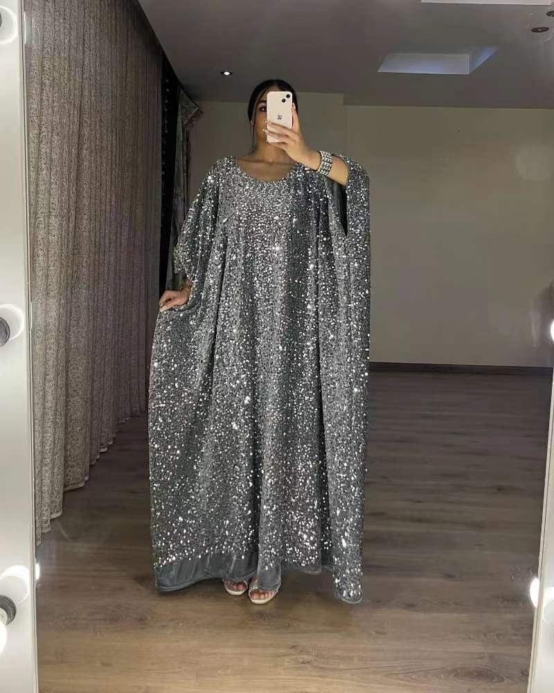 Sequined Short Sleeve Women Maxi Dress Round