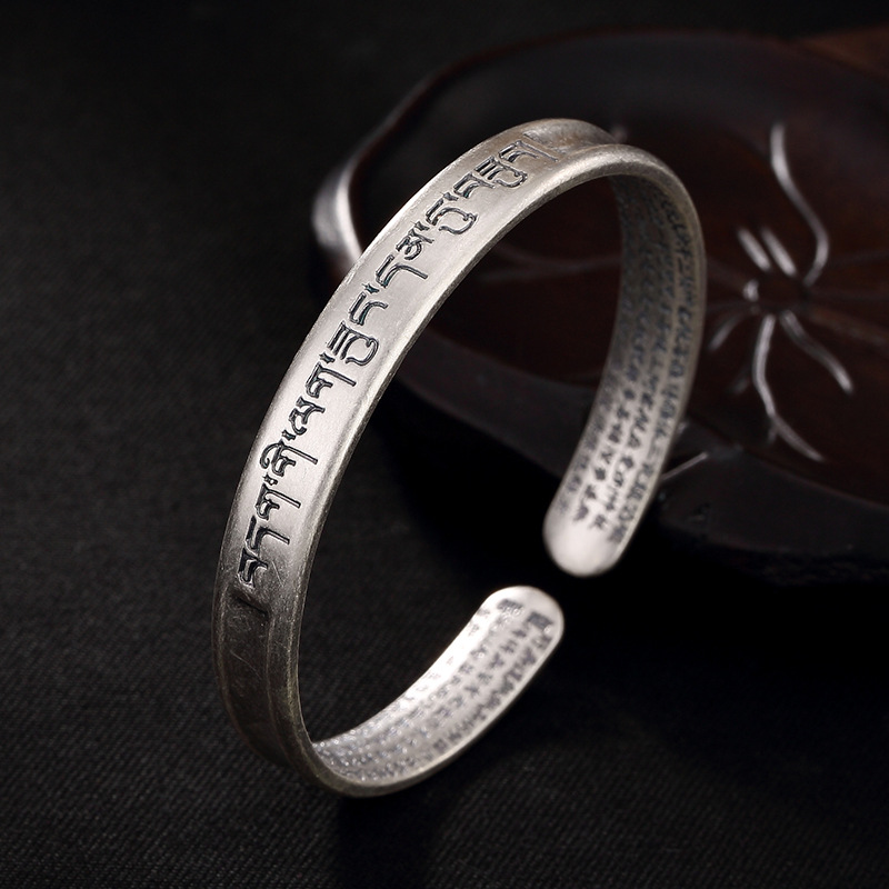 S999 Pure Silver Six Word Mantra Sterling Silver Retro Opening Female Bracelet Buddhist Scripture Bracelet Ladies Jewelry