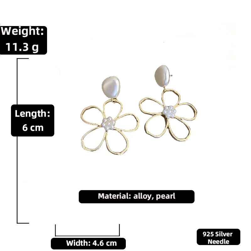 Sweet Pearl Big Flower Dangle Earring for Women Korean Fashion Metal Sense Temperament Earrings Girl Birthday Party Jewelry